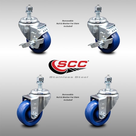 Service Caster 3 Inch SS Solid Polyurethane Swivel 1/2 Inch Threaded Stem Caster Brakes SCC, 2PK SCC-SSTS20S314-SPUS-121315-2-TLB-2